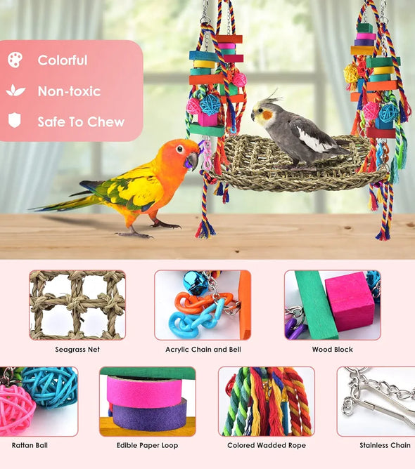 Brand Keeronde -Bird Toys, Parrot Foraging Wall Toy, Edible Seagrass Woven Hammock Swing